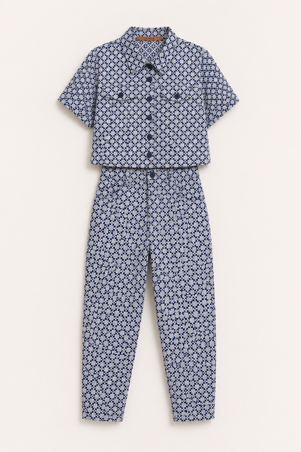 Conjunto Estampado Azul Pantalona e Cropped_G