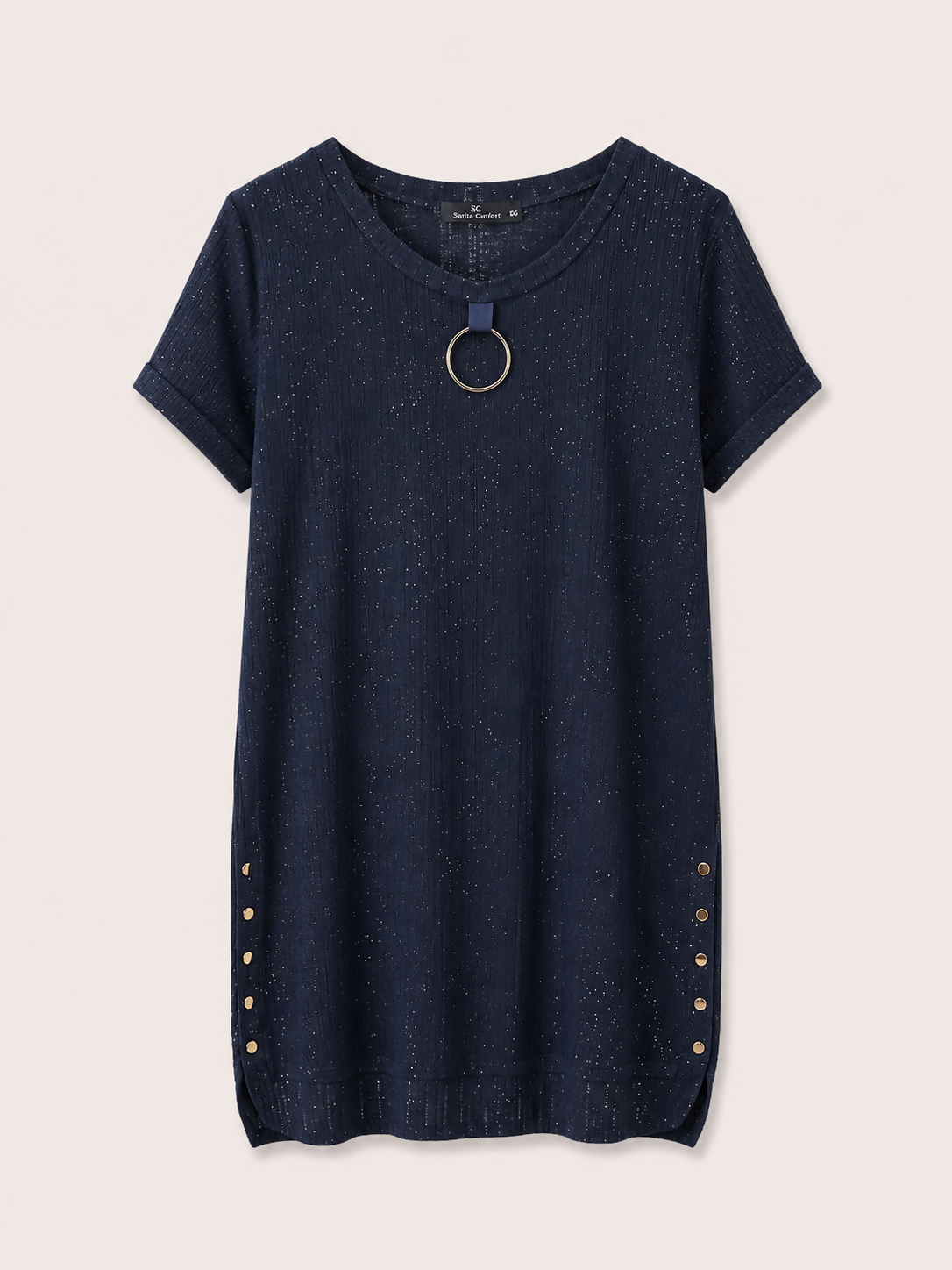 vestido malha canelada/detalh. argola e tachas