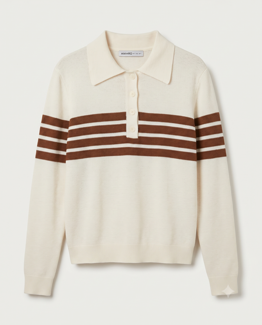 Blusa de Manga Longa Creme Listrada de Marrom