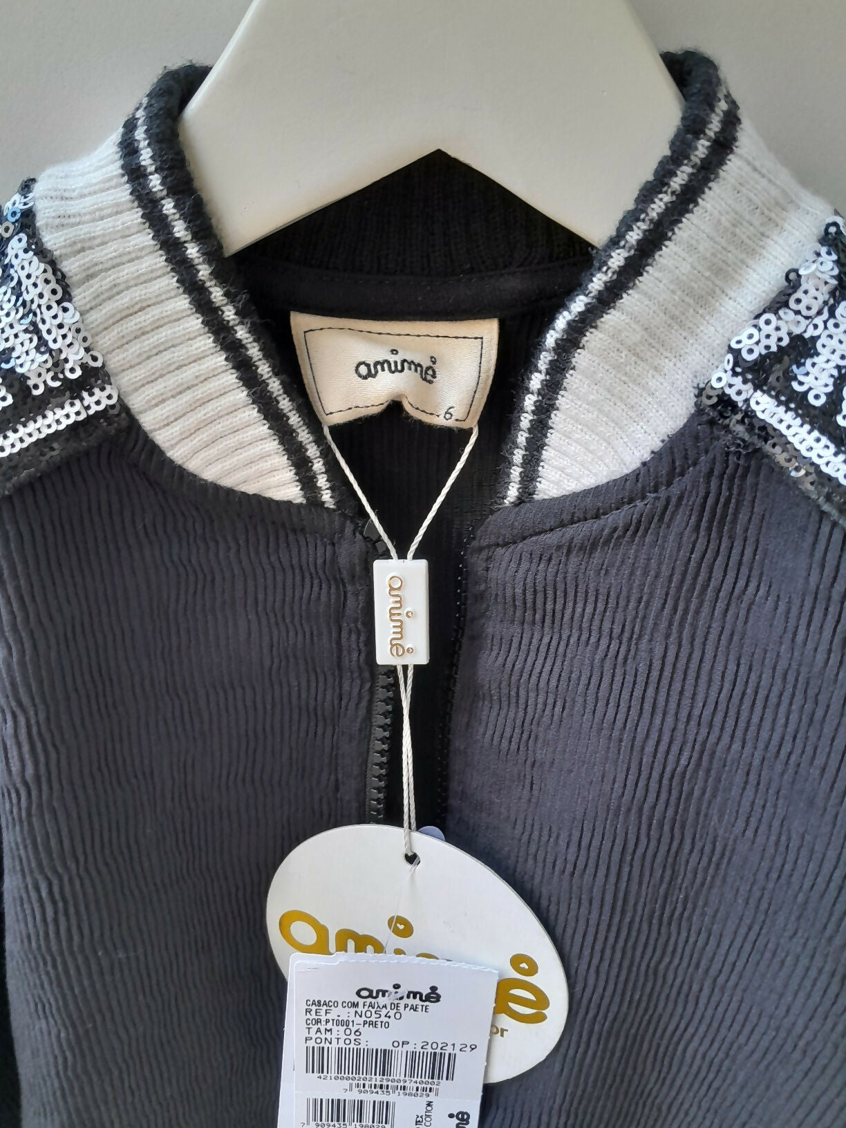 Jaqueta Infantil Animê Fashion com Paetês e Zíper - Tam. 6