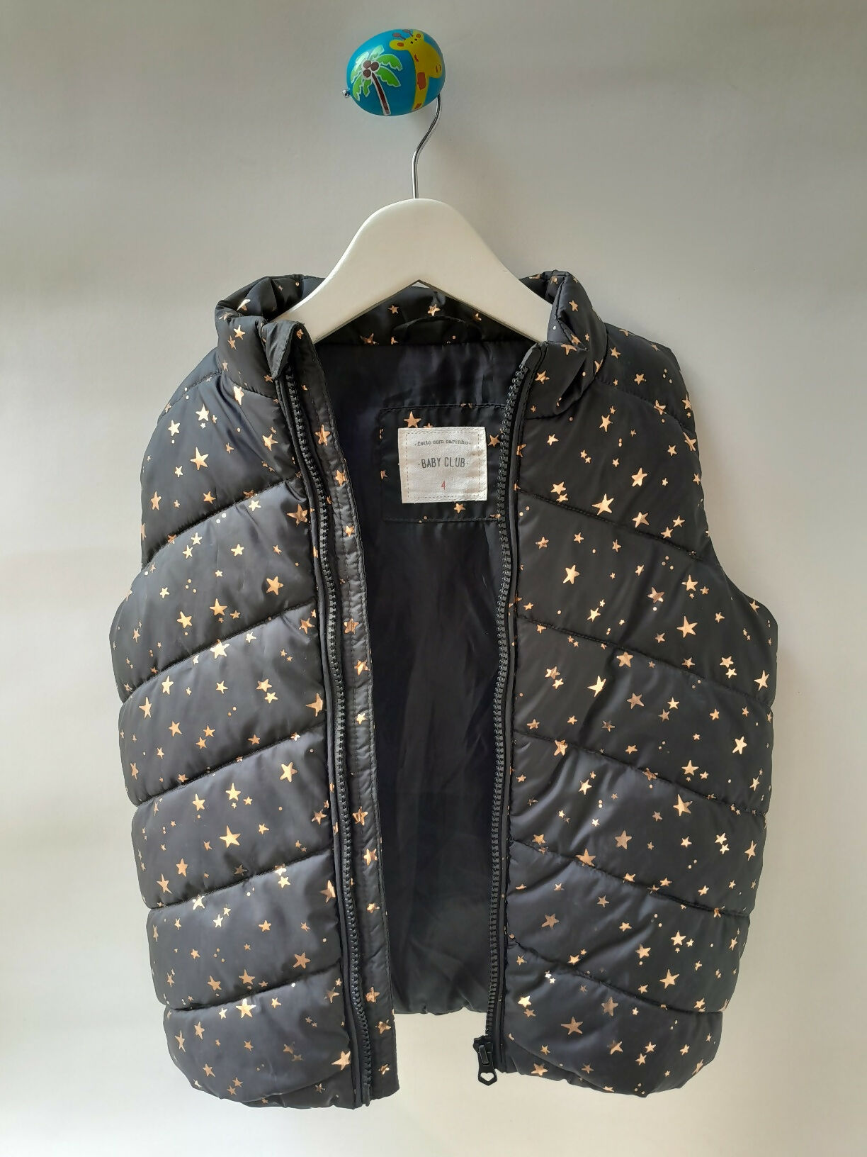 Colete Puffer Infantil Baby Club Preto com Estampa de Estrelas - Tam. 4