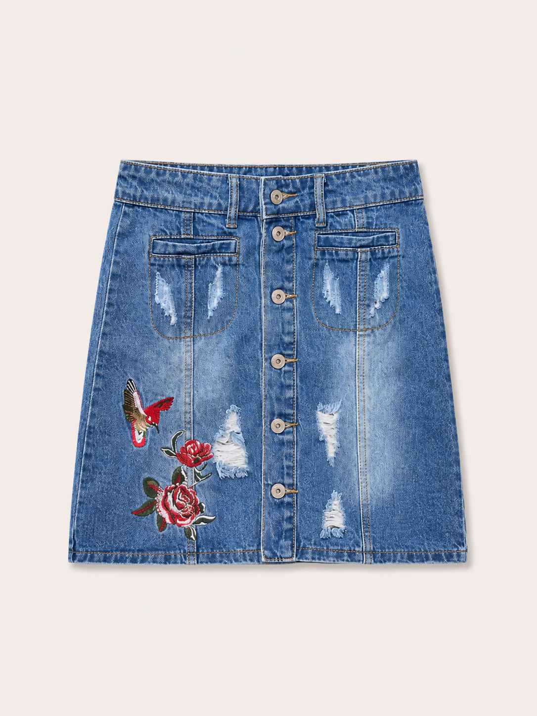 saia mini jeans/bordado