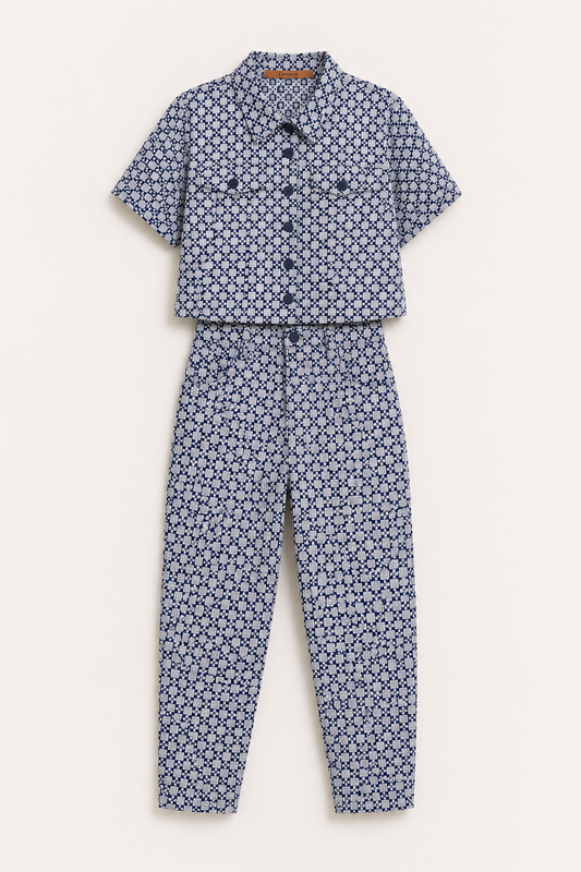 Conjunto Estampado Azul Pantalona e Cropped_G