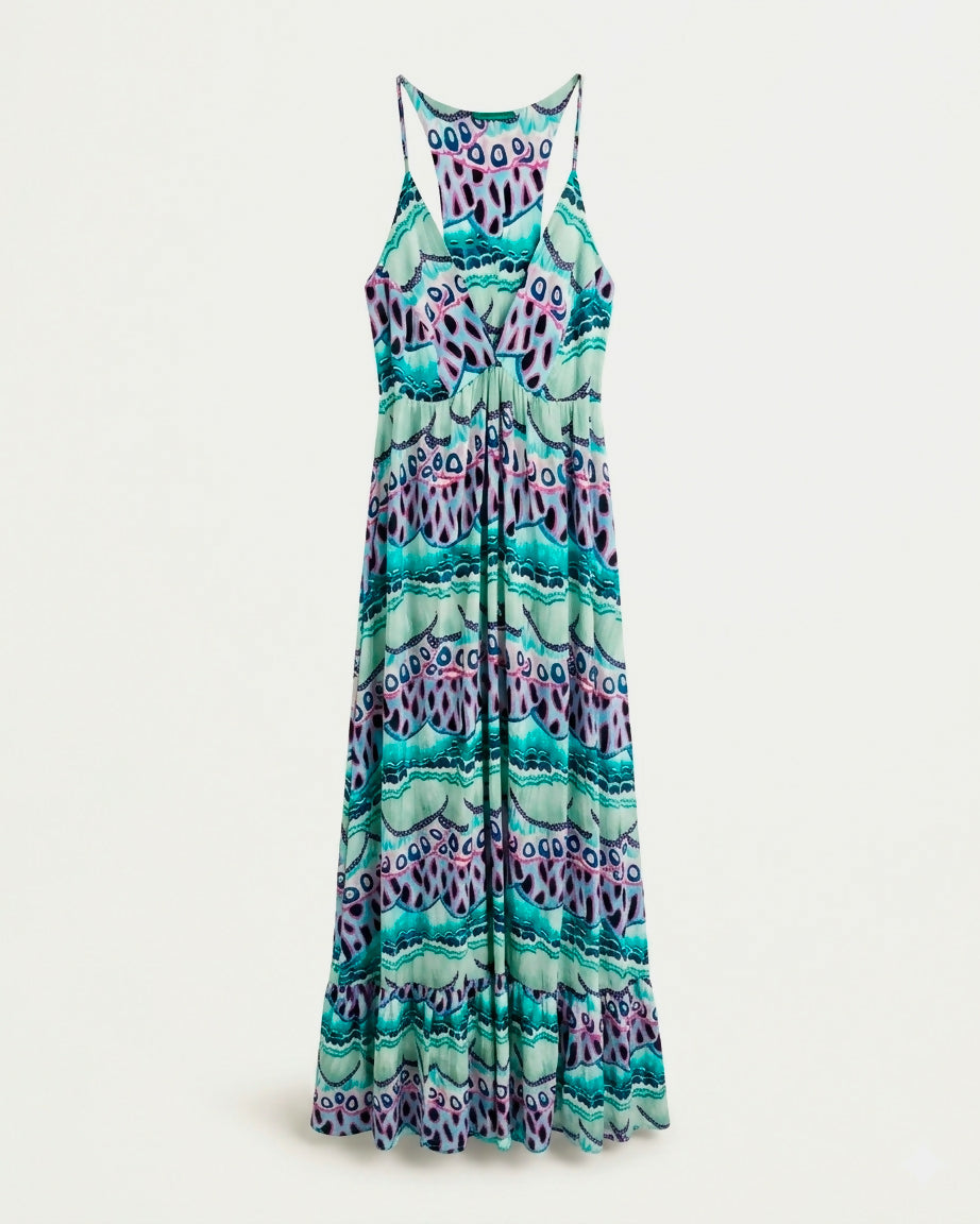 Vestido Longo Estampado Verde e Roxo - CIA MARITIMA