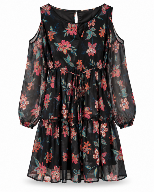 Vestido Curto Florido C/ Abertura no Ombro