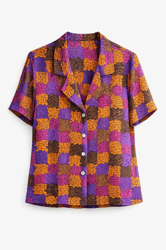 Camisa Estampada Rosa Roxo e Marrom